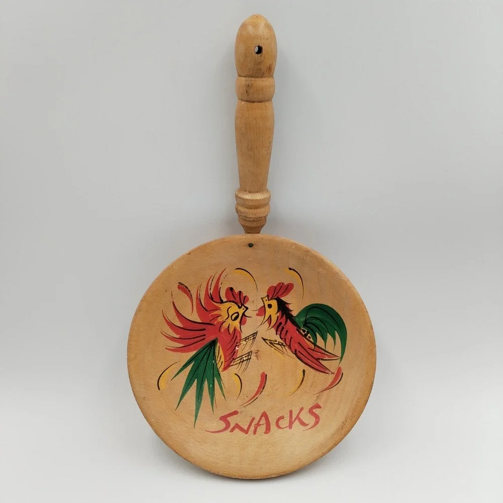 Vintage Hand Painted Wooden Rooster Snack Bowl Handle MCM‎ Folk Art Foreign Mark